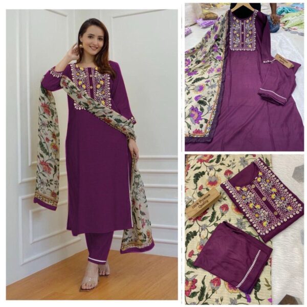 Elegant Pure Rayon Cotton Suit with Embroidered Neck & Maslin Sequins Dupatta ✨ - Image 2