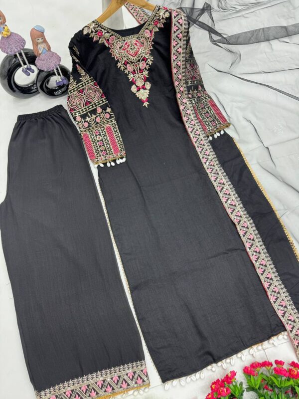 Luxury Heavy Vichitra Silk Embroidered Suit Set with Kodi Less Detailing - Image 3