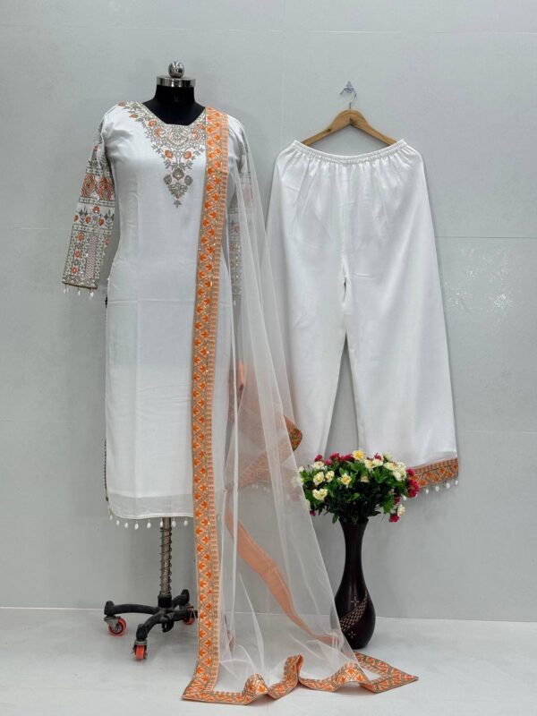 Luxury Heavy Vichitra Silk Embroidered Suit Set with Kodi Less Detailing - Image 4