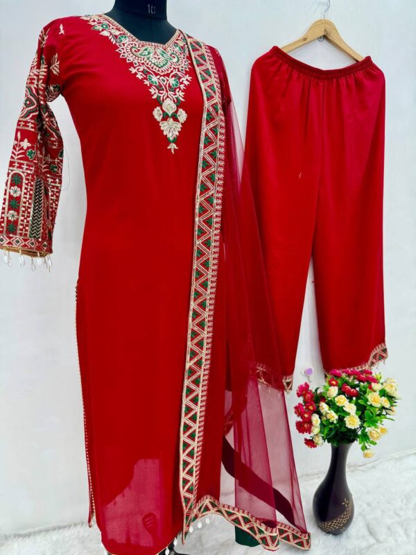 Luxury Heavy Vichitra Silk Embroidered Suit Set with Kodi Less Detailing - Image 5