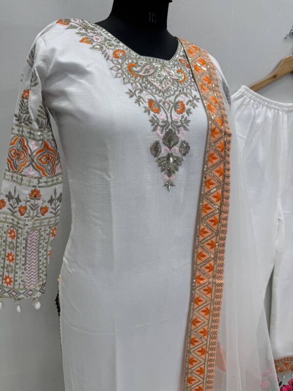 Luxury Heavy Vichitra Silk Embroidered Suit Set with Kodi Less Detailing - Image 6
