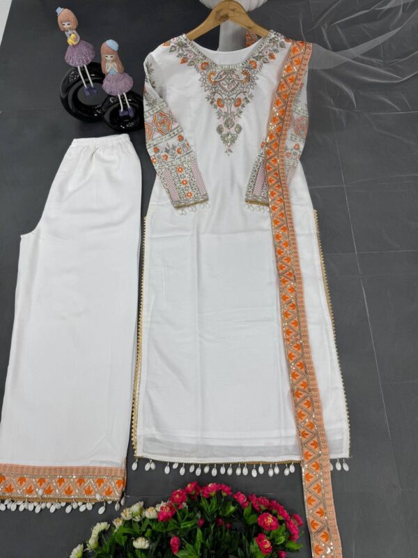 Luxury Heavy Vichitra Silk Embroidered Suit Set with Kodi Less Detailing - Image 10