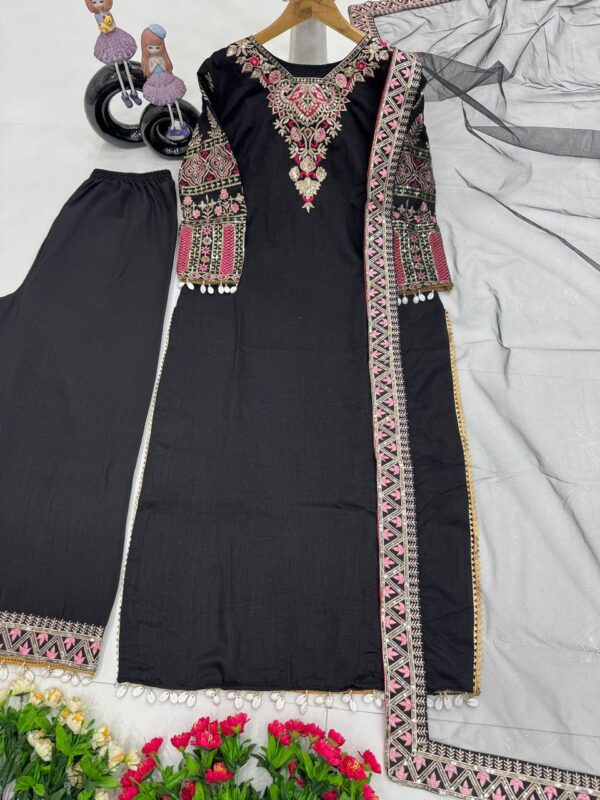 Luxury Heavy Vichitra Silk Embroidered Suit Set with Kodi Less Detailing - Image 11