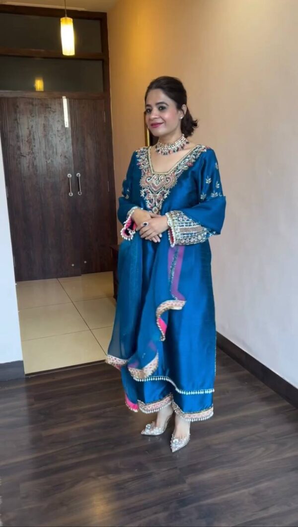 Luxury Heavy Vichitra Silk Embroidered Suit Set with Kodi Less Detailing - Image 12