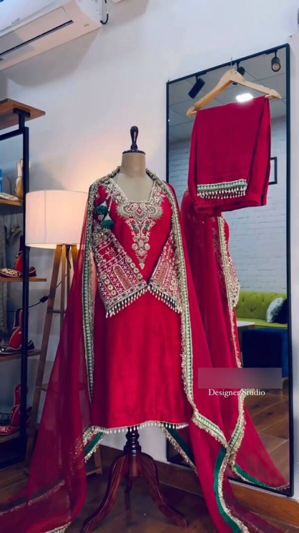 Luxury Heavy Vichitra Silk Embroidered Suit Set with Kodi Less Detailing - Image 13