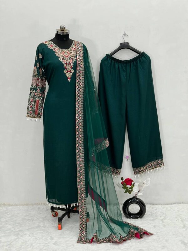 Luxury Heavy Vichitra Silk Embroidered Suit Set with Kodi Less Detailing - Image 14