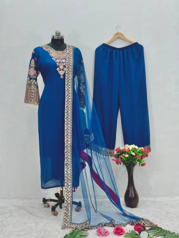 Luxury Heavy Vichitra Silk Embroidered Suit Set with Kodi Less Detailing - Image 15