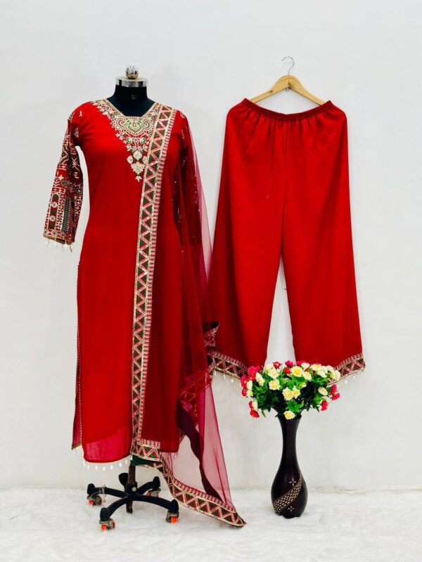 Luxury Heavy Vichitra Silk Embroidered Suit Set with Kodi Less Detailing - Image 16