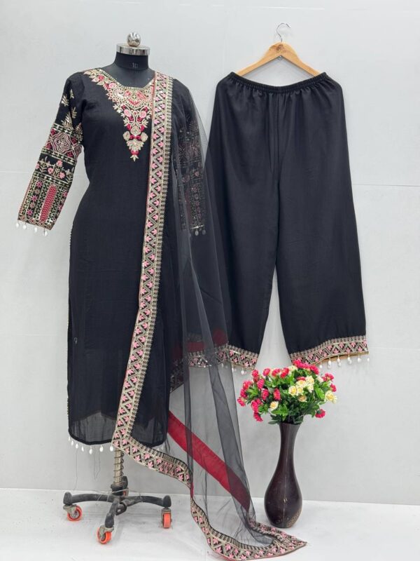 Luxury Heavy Vichitra Silk Embroidered Suit Set with Kodi Less Detailing - Image 17