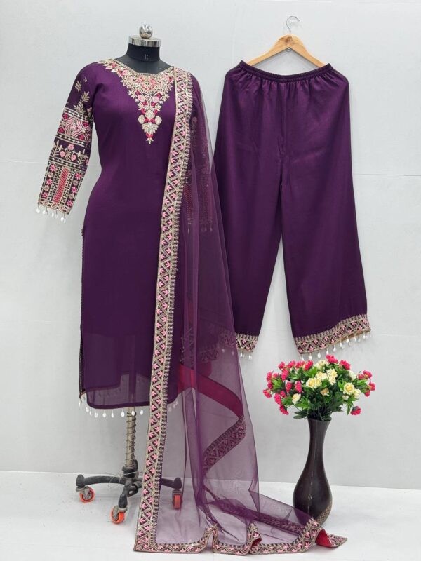 Luxury Heavy Vichitra Silk Embroidered Suit Set with Kodi Less Detailing - Image 18