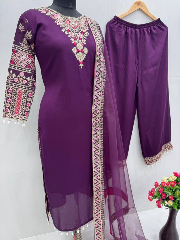 Luxury Heavy Vichitra Silk Embroidered Suit Set with Kodi Less Detailing - Image 19