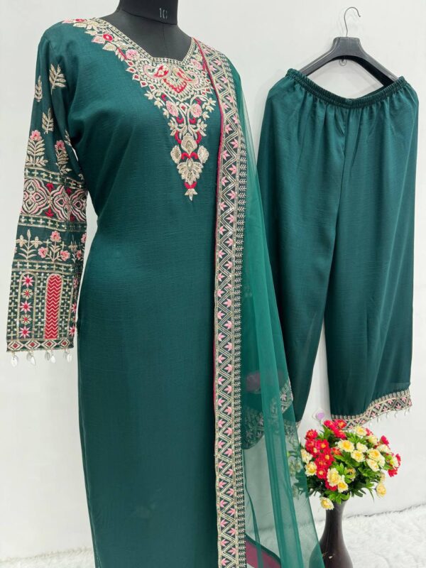 Luxury Heavy Vichitra Silk Embroidered Suit Set with Kodi Less Detailing - Image 20