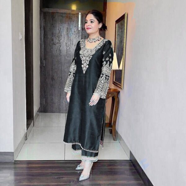 Luxury Heavy Vichitra Silk Embroidered Suit Set with Kodi Less Detailing - Image 23