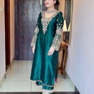 Luxury Heavy Vichitra Silk Embroidered Suit Set with Kodi Less Detailing