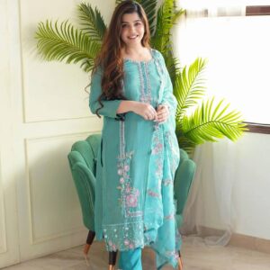 Explore Jazz & Co.'s RO2677 Chinon Silk Suit Set with embroidered organza dupatta.