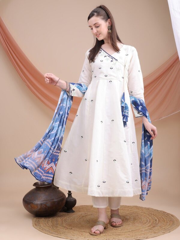 off-white Roman silk kurti set with embroidery, digital print dupatta