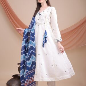 off-white Roman silk kurti set with embroidery, digital print dupatta