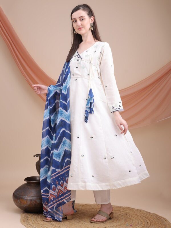 off-white Roman silk kurti set with embroidery, digital print dupatta